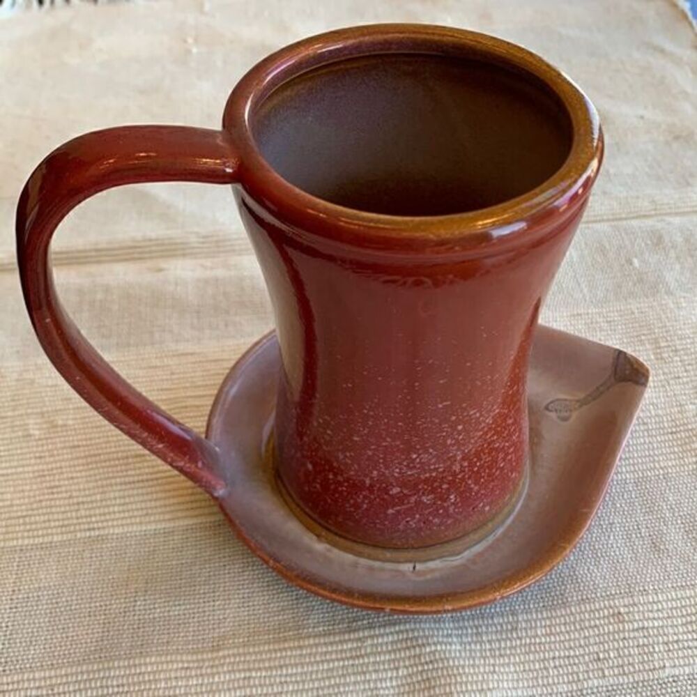 Art Pottery‎ Large MUG/Cup Drip Plate Dish Saucer Connected Red Glaze Handle VTG
